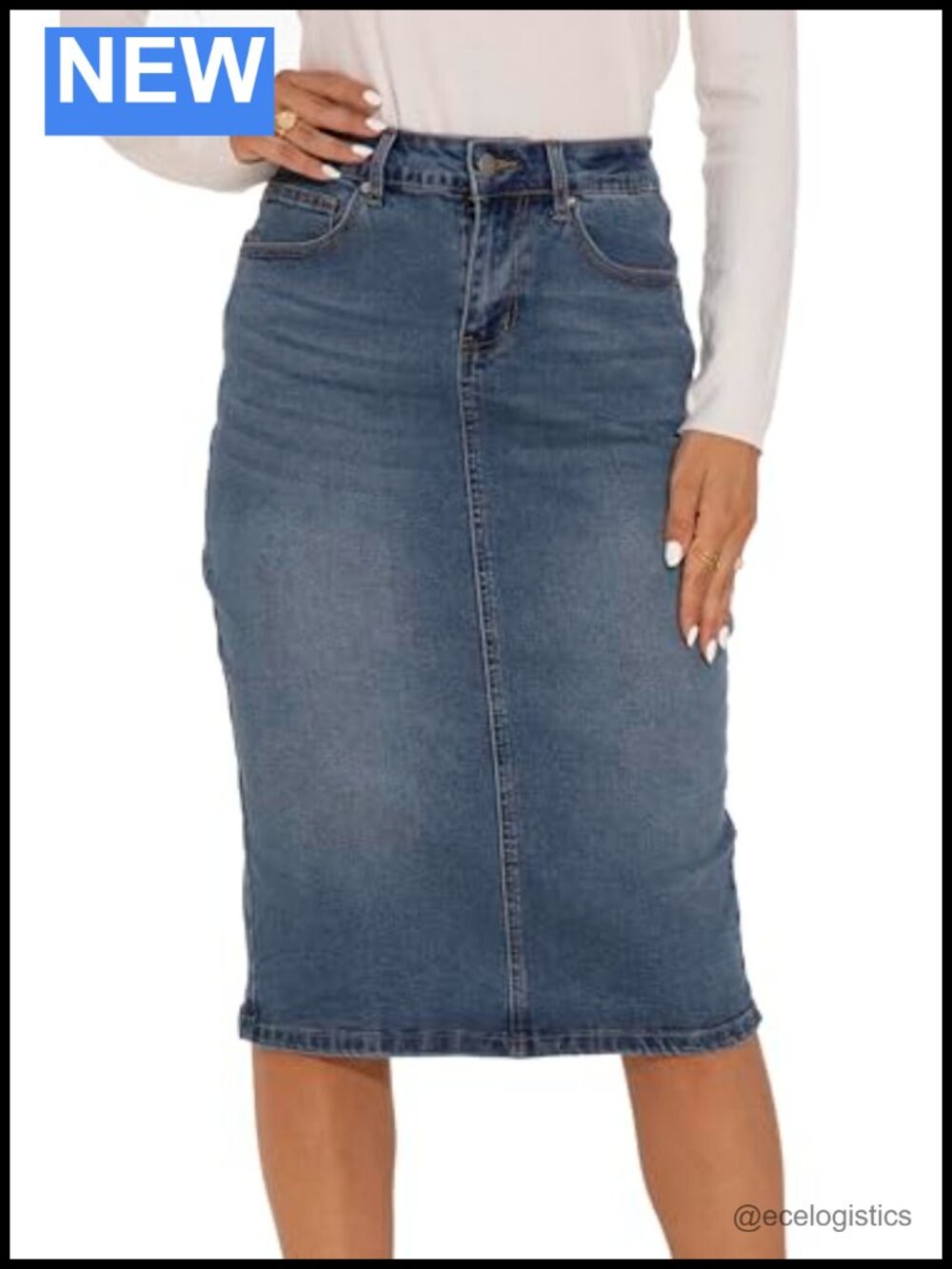 High Rise Stretch Denim Pencil Skirt Below Knee 5 Pocket